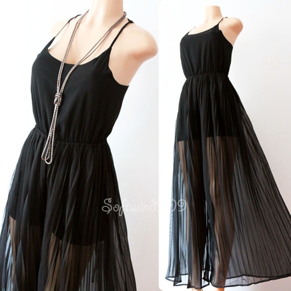 Black Sheer Pleated Wide Leg Palazzo Pant Jumpsuit - Picture 2 of 8